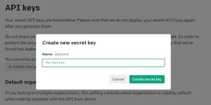 Pantalla de llave secreta de la API de Chatgpt